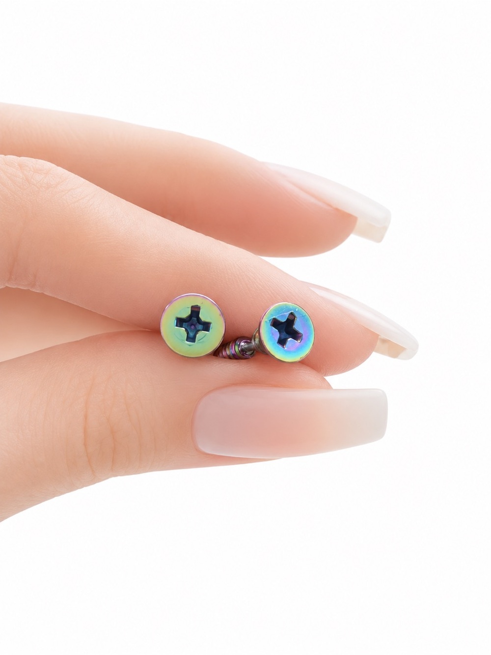 Oil Slick Rainbow Screw Stud Earrings 16G Stainless Steel Punk Grunge - Picture 3 of 8